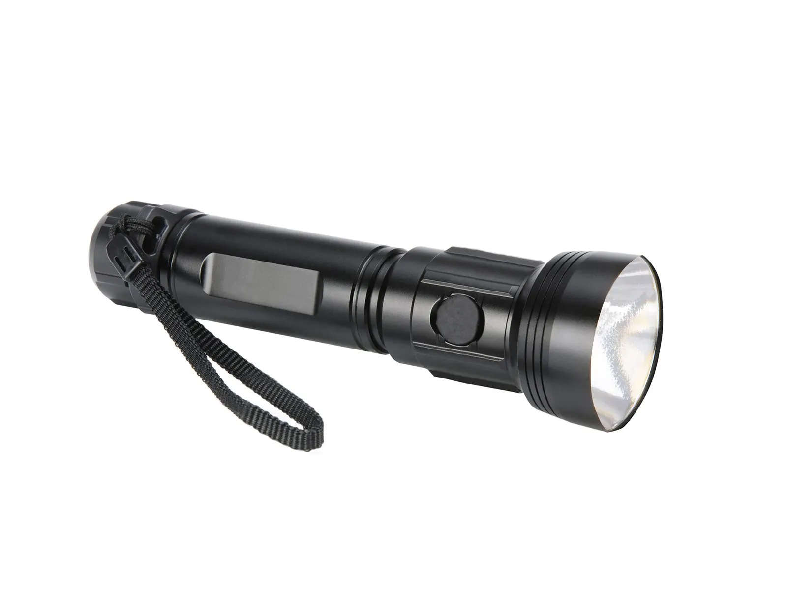 Emergency flashlight: a black handheld light with a wrist strap on a white background
