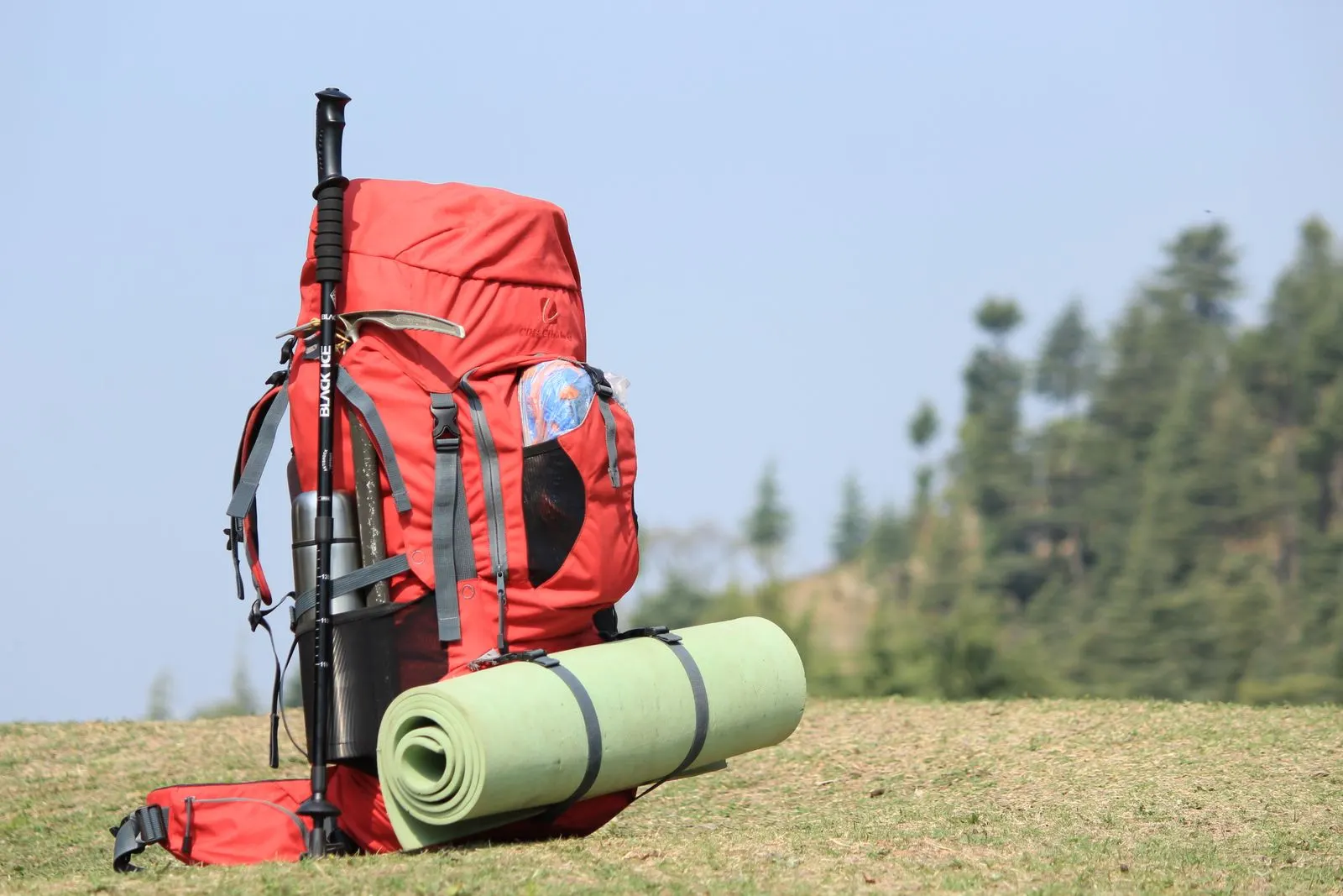 Red hiking backpack with a rolled sleeping mat and trekking pole on grass